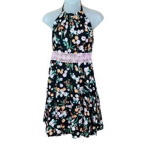 Davi & Dani Women Halter Dress Black Lilac Floral Tie Neck Zipper Back JR Large